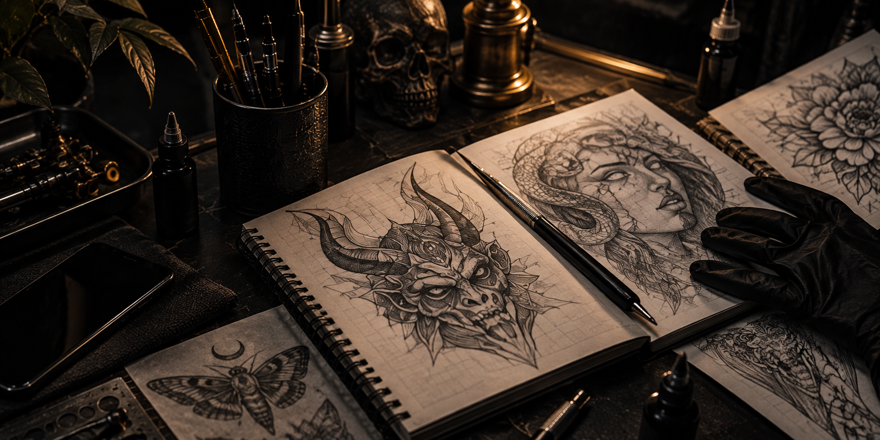 Carnet de croquis et matériel de création pour un projet de tatouage