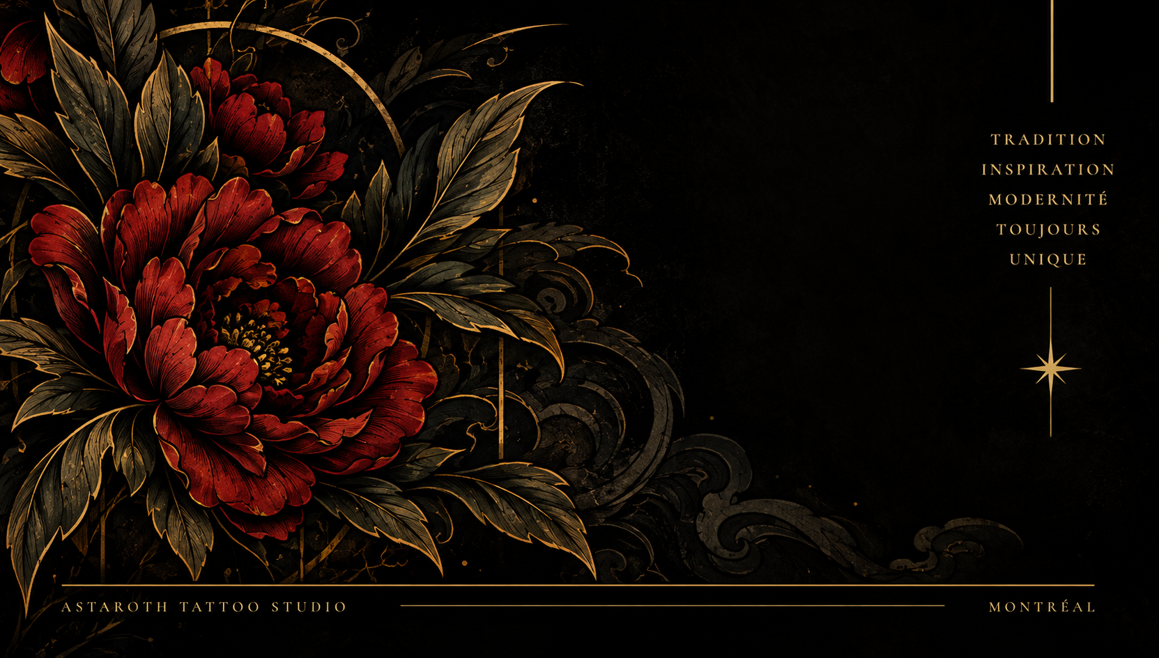 Illustration ornementale d’une pivoine rouge dorée