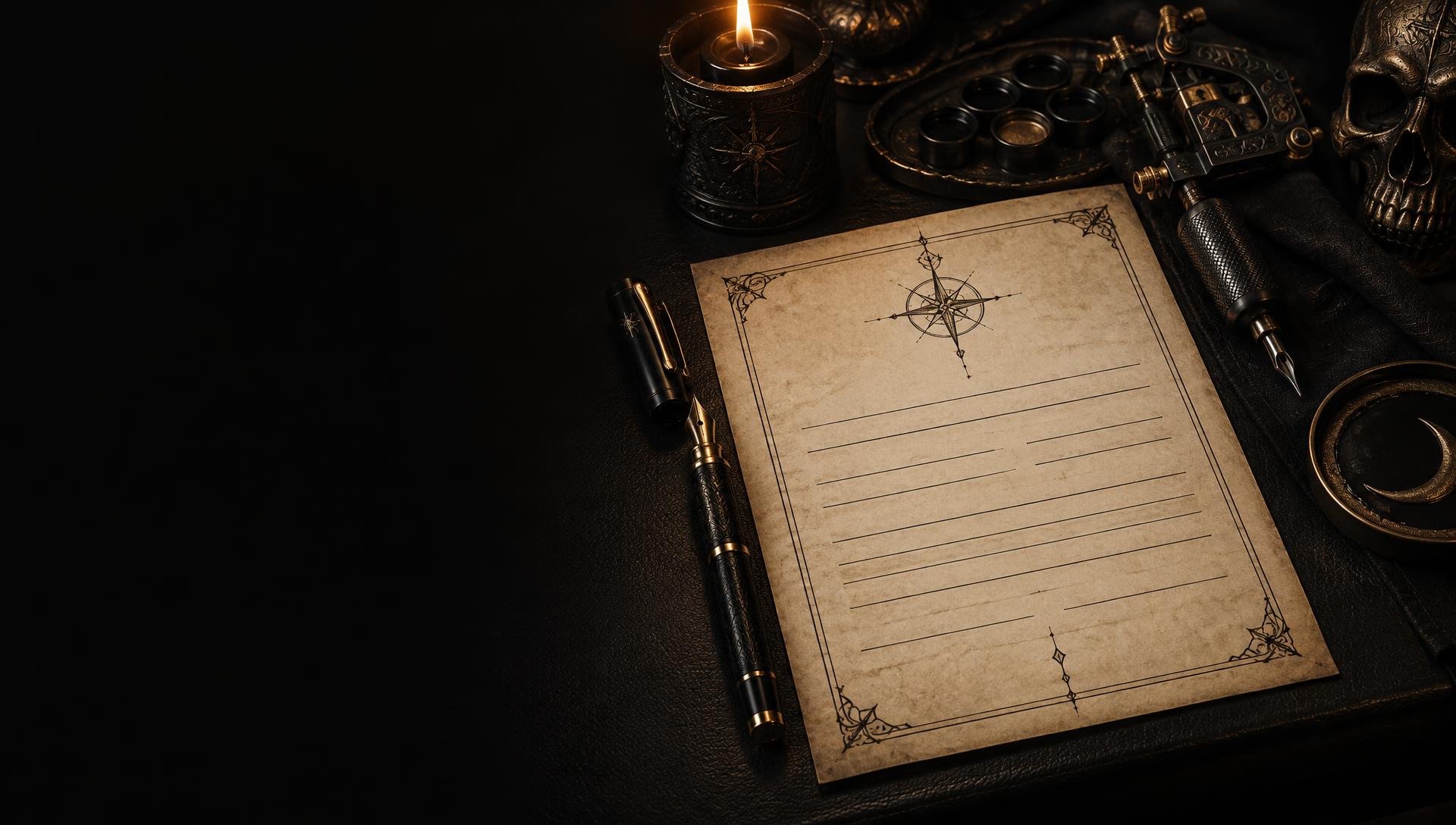 Contrat, stylo et matériel de tatouage dans une lumière chaude